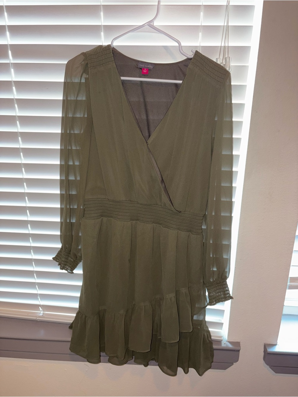 Vince Camuto Olive Green Long Sleeve Ruffle Wrap Dress